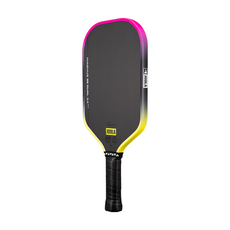 White background, Pink and Yellow gradiant edge guard on the JOOLA 3S Dual Magnus Pickleball Paddle.