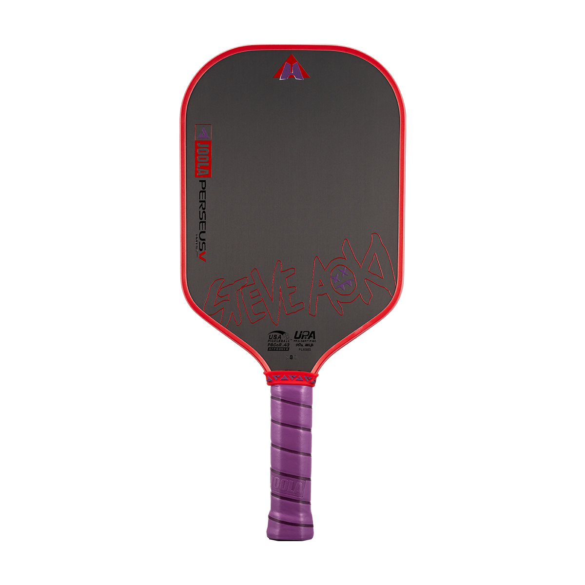 White background, product image of the JOOLA Perseus Pro V JOOLA x Steve Aoki pickleball paddle, purple handle and red edge guard.