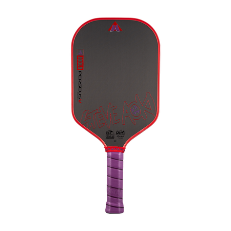 White background, product image of the JOOLA Perseus Pro V JOOLA x Steve Aoki pickleball paddle, purple handle and red edge guard.