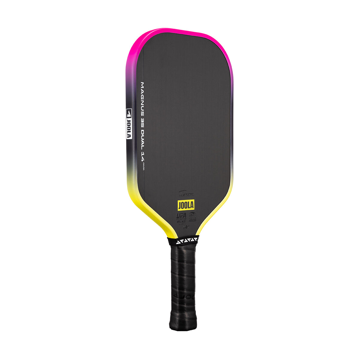 White background, Pink and Yellow gradiant edge guard on the JOOLA 3S Dual Magnus Pickleball Paddle.