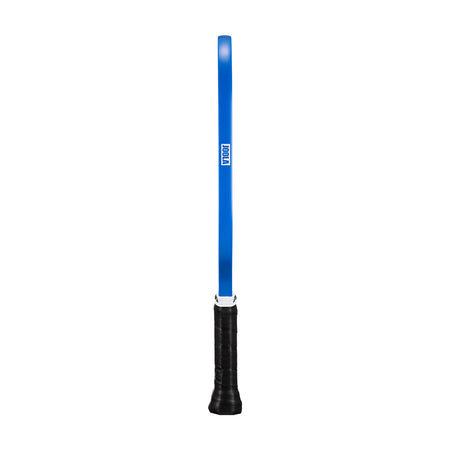 White background, image of the JOOLA Essentials Dash pickleball paddle's blue edge guard, also pictured is the black handle.