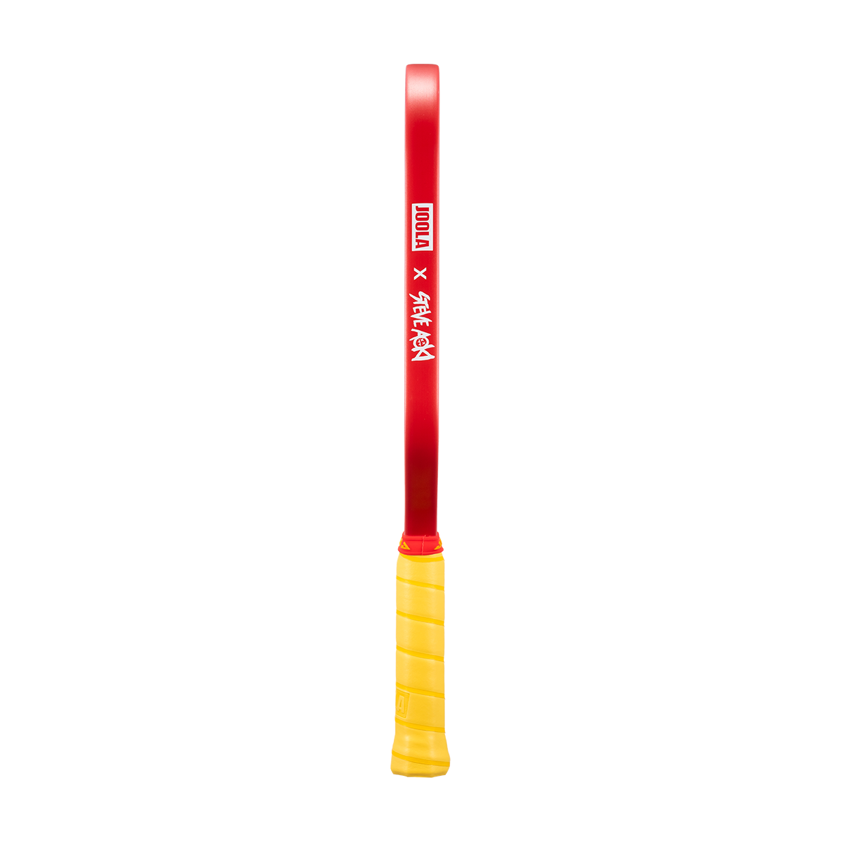 White background, product image showing the side of a JOOLA Perseus JOOLA x Steve Aoki pickleball paddle. Yellow Handke with Red Edge Guard.