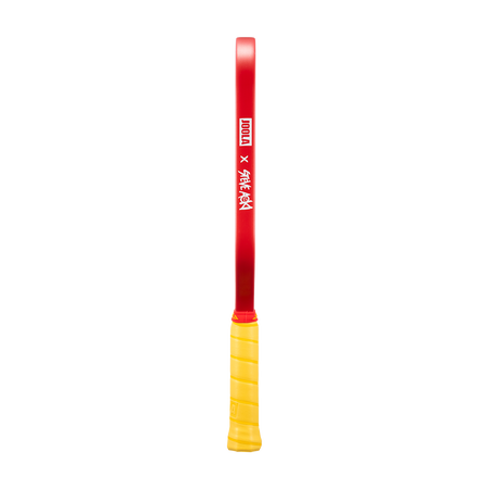 White background, product image showing the side of a JOOLA Perseus JOOLA x Steve Aoki pickleball paddle. Yellow Handke with Red Edge Guard.