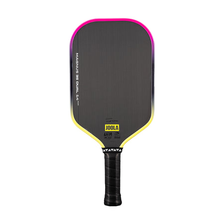 White background, Pink and Yellow gradiant edge guard on the JOOLA 3S Dual Magnus Pickleball Paddle.