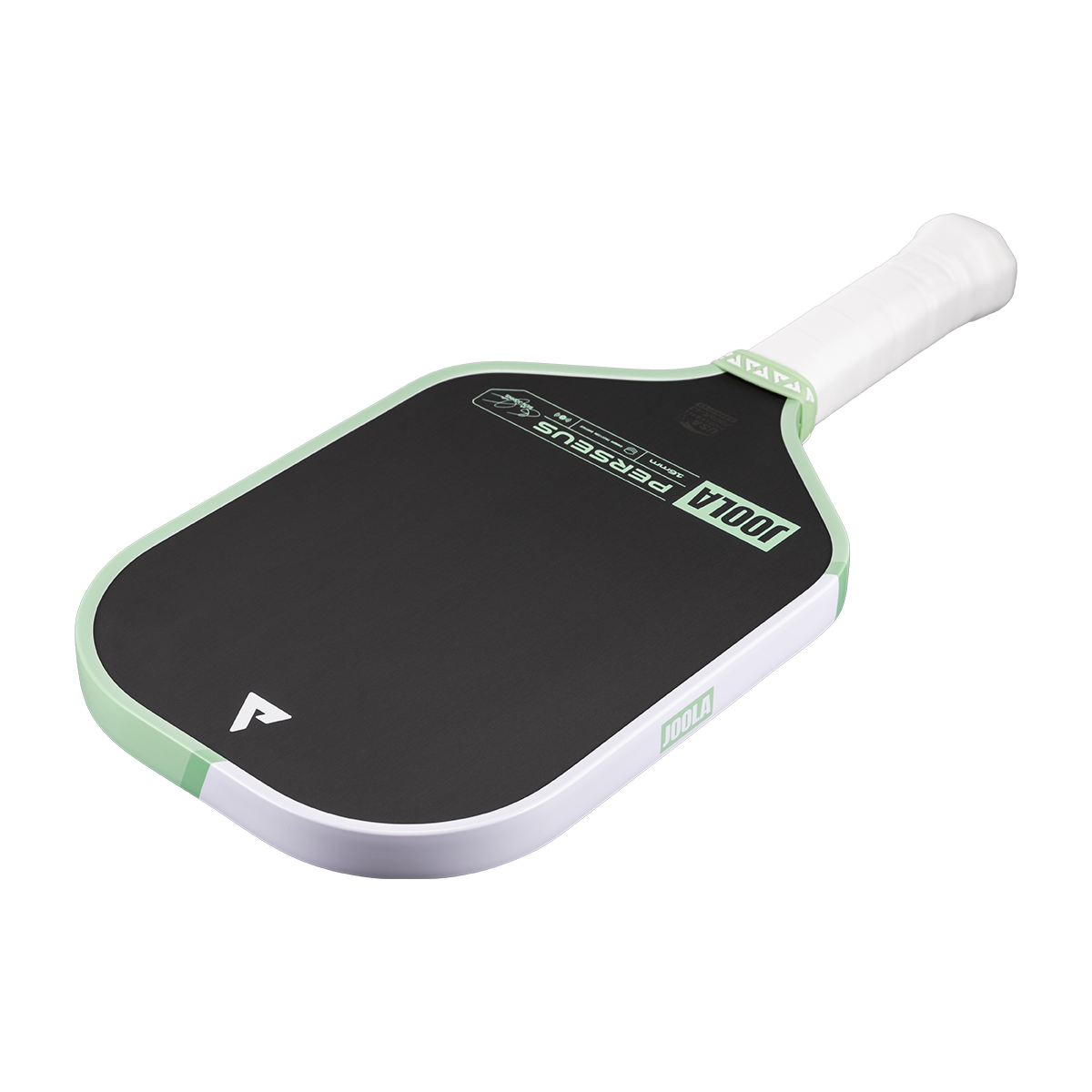White background, angled product image of the JOOLA Perseus CFS pickleball paddle. White handle, with half mint green, half white edge guard.