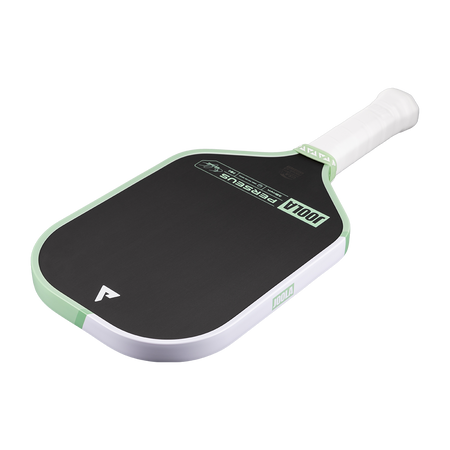 White background, angled product image of the JOOLA Perseus CFS pickleball paddle. White handle, with half mint green, half white edge guard.