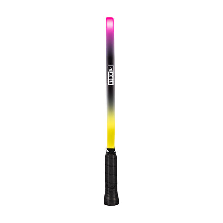 White background, Pink and Yellow gradiant edge guard on the JOOLA 3S Dual Magnus Pickleball Paddle. Image shows the side edge guard with pink and yellow color gradiant.
