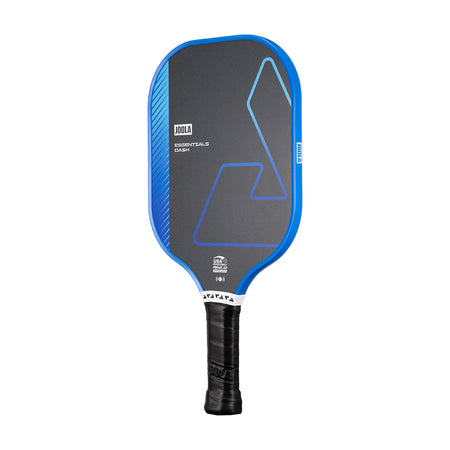 White background, product image of a blue JOOLA Essentials Dash pickleball paddle with a black logo.