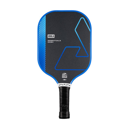 White background, product image of a blue JOOLA Essentials Dash pickleball paddle with a black logo.