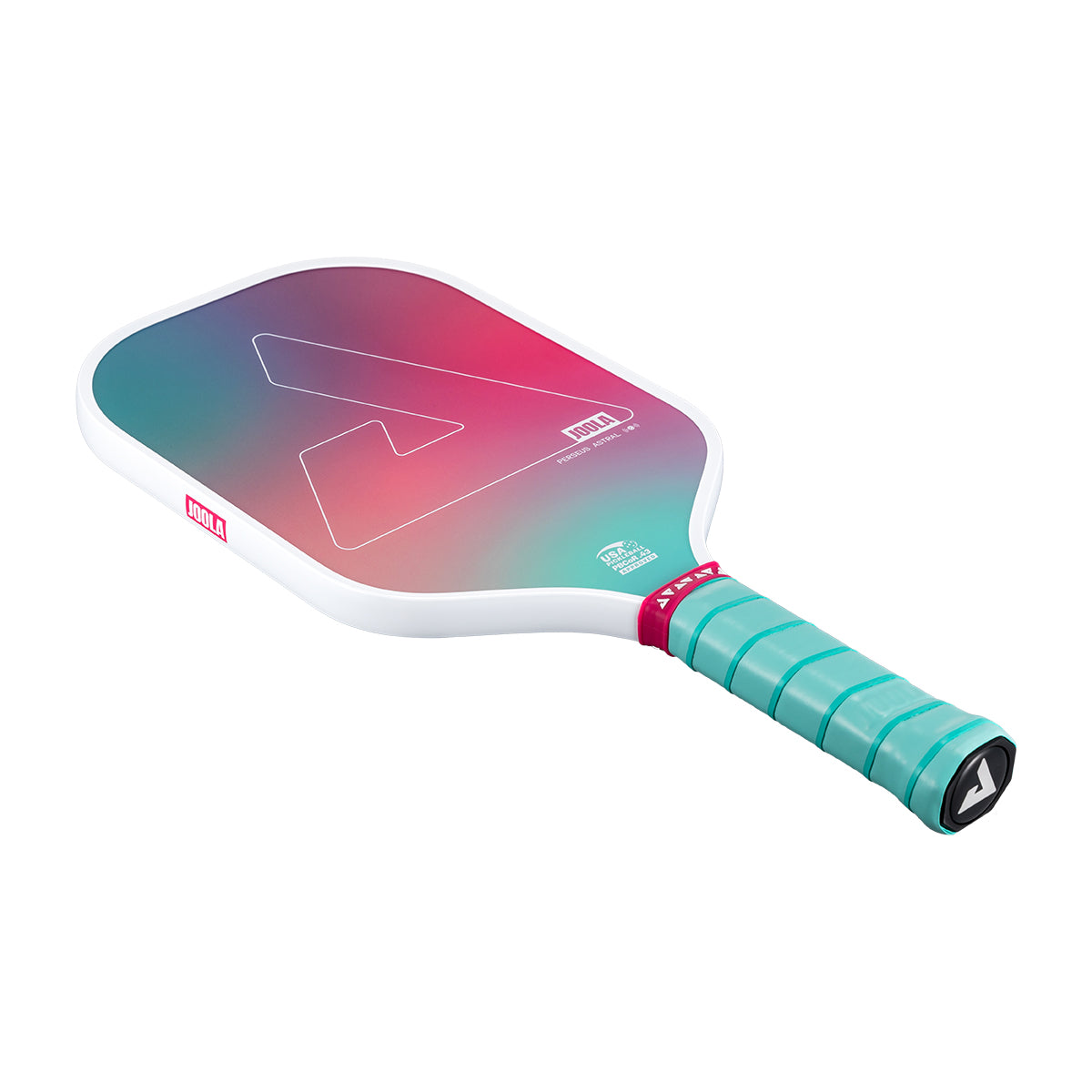 White background, product photo of the JOOLA Perseus Astral pickleball paddle with a teal handle and white edge guard, and gradient colored paddle face.