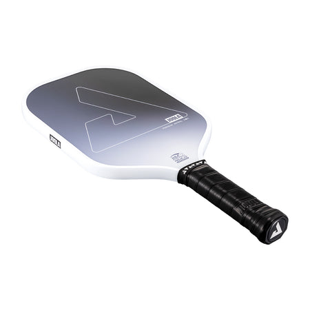 White background, product photo of the JOOLA Perseus Astral pickleball paddle with a black handle and white edge guard.