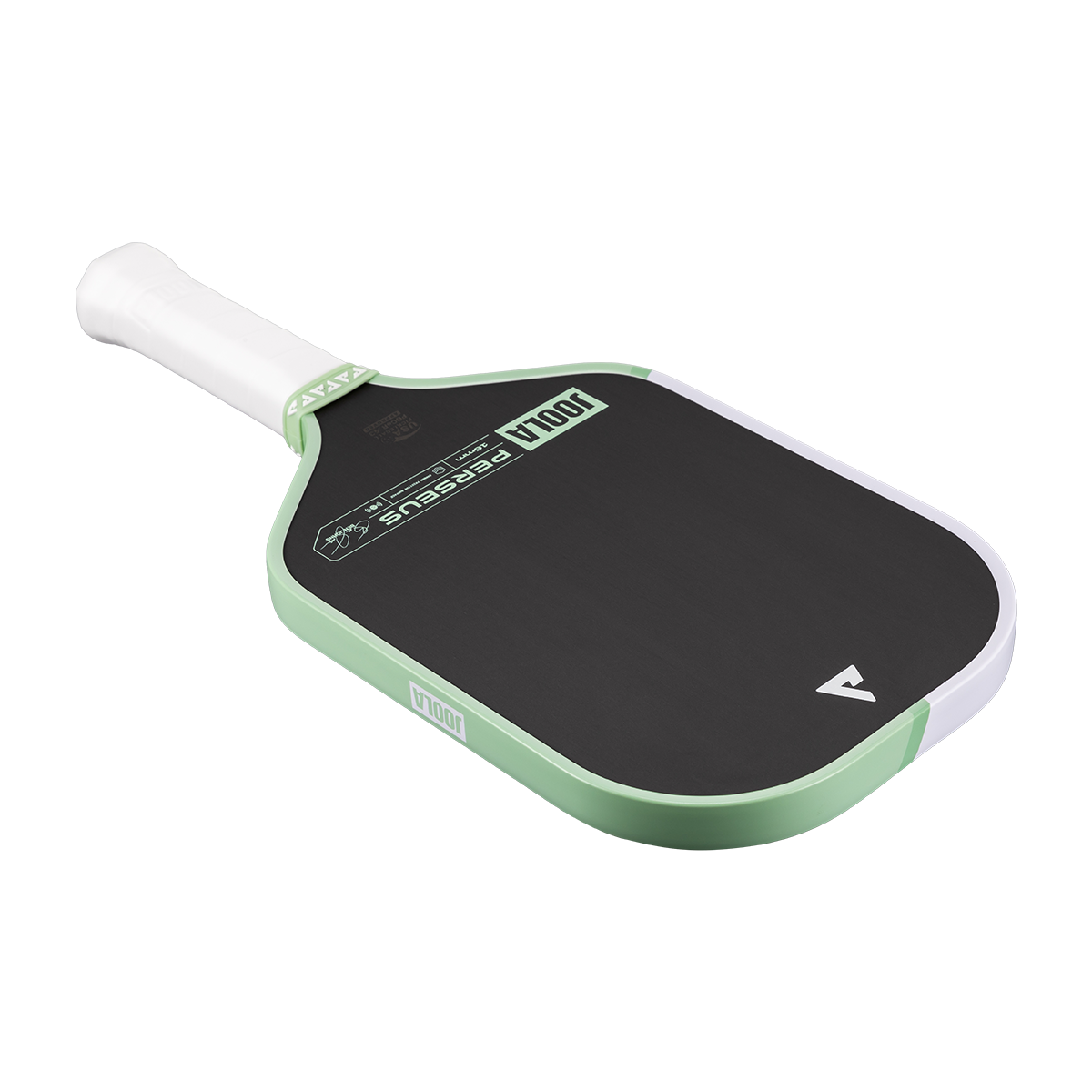 White background, angled product image of the JOOLA Perseus CFS pickleball paddle. White handle, with half mint green, half white edge guard.