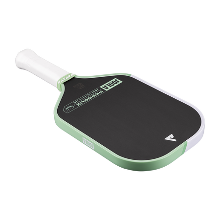 White background, angled product image of the JOOLA Perseus CFS pickleball paddle. White handle, with half mint green, half white edge guard.