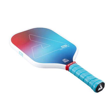 White background, product image of the JOOLA Perseus Astral pickleball paddle with light blue handle and red, white and blue gradient color on the surface.