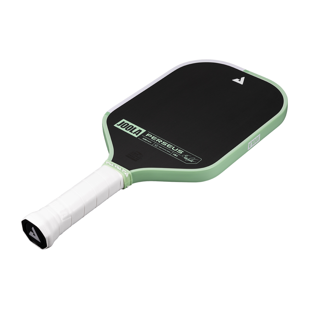 White background, angled product image of the JOOLA Perseus CFS pickleball paddle. White handle, with half mint green, half white edge guard.