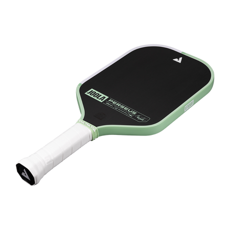 White background, angled product image of the JOOLA Perseus CFS pickleball paddle. White handle, with half mint green, half white edge guard.