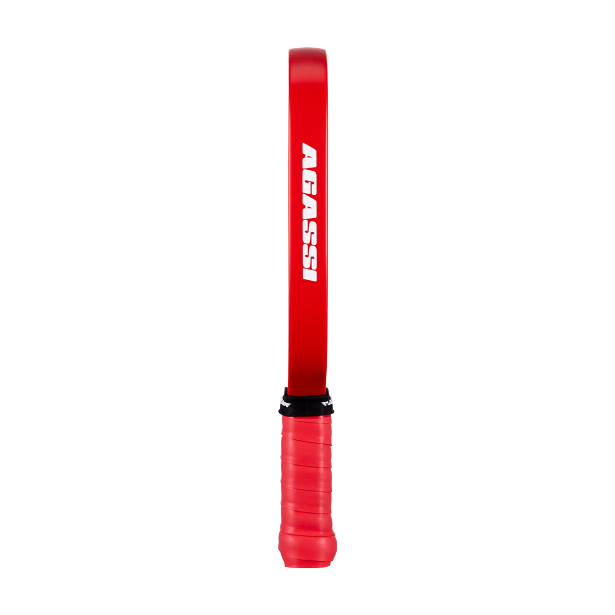 White background, image of the Agassi wordmark on the side of a Agassi Pro Miniature paddle.