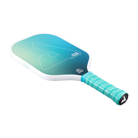 White background, product image of the JOOLA Perseus Astral pickleball paddle with teal handle and white edge guard.