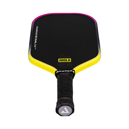 White background, Pink and Yellow gradiant edge guard on the JOOLA 3S Dual Magnus Pickleball Paddle.