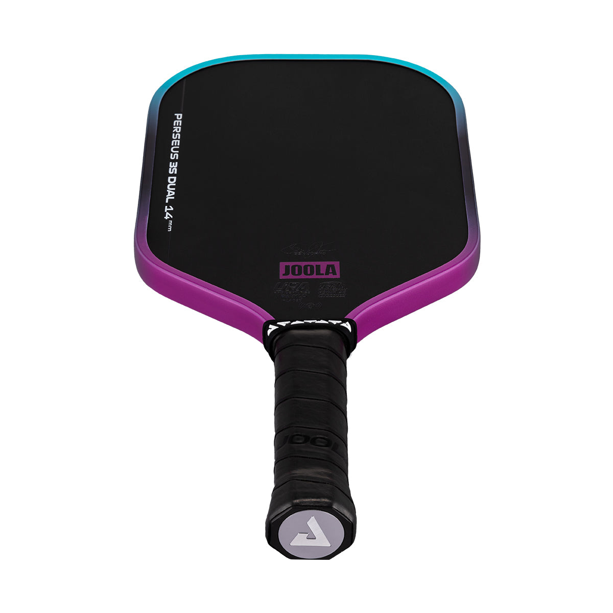 White background, image of the JOOLA Perseus 3S Dual 14mm pickleball paddle, the JOOLA Trinity logo on the bottom of the paddle and black handle are highlighted.