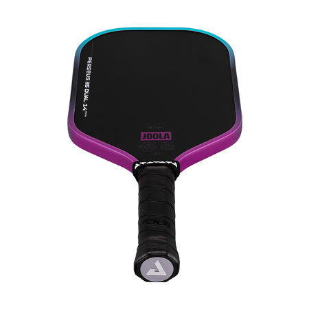 White background, image of the JOOLA Perseus 3S Dual 14mm pickleball paddle, the JOOLA Trinity logo on the bottom of the paddle and black handle are highlighted.