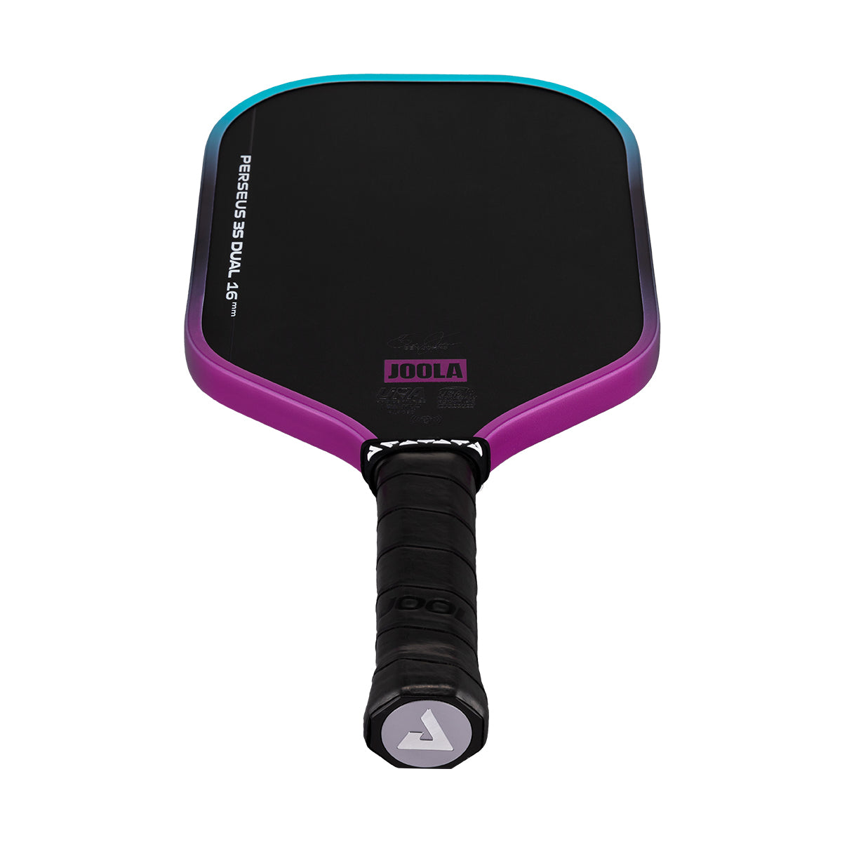 White background, image of a JOOLA Perseus 3S Dual pickleball paddle with a purple and blue dual gradiant edge guard.