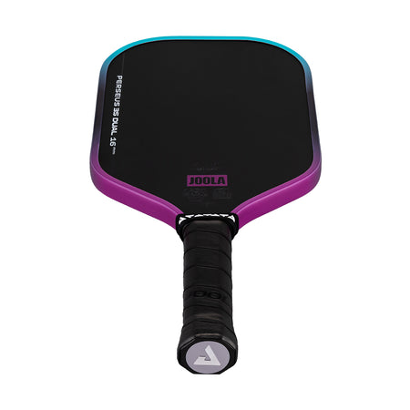 White background, image of a JOOLA Perseus 3S Dual pickleball paddle with a purple and blue dual gradiant edge guard.