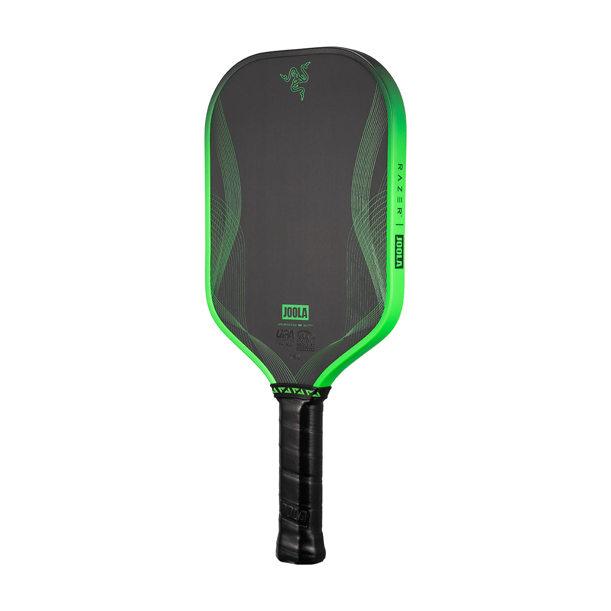 White background, product image of the JOOLA x Razer Perseus Pro IV pickleball paddle. Black handle with lime green edge guard.