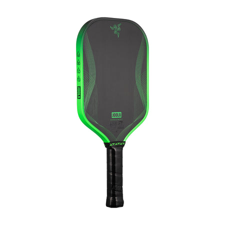 White background, product image of the JOOLA x Razer Perseus Pro IV pickleball paddle. Black handle with lime green edge guard.