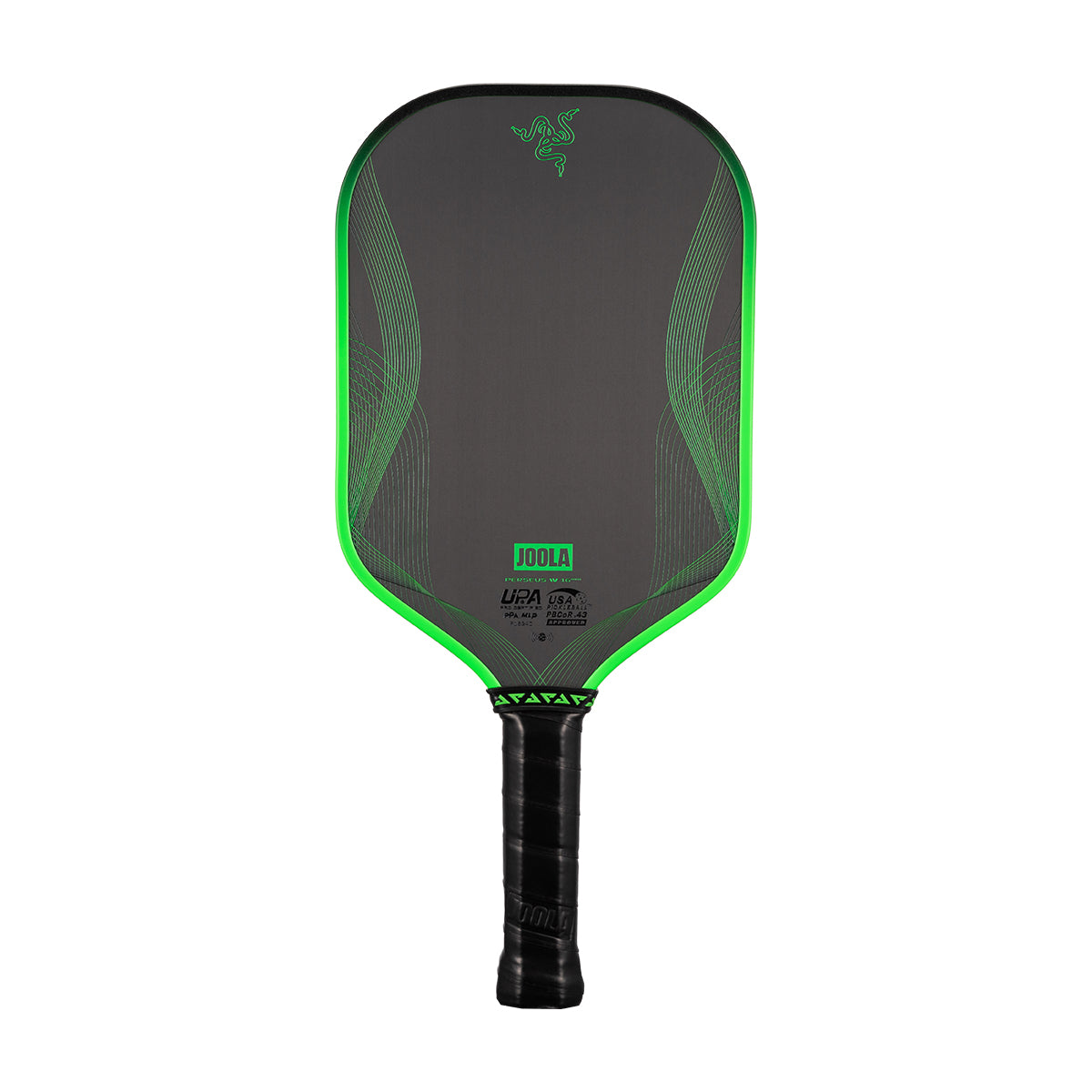 White background, product image of the JOOLA x Razer Perseus Pro IV pickleball paddle. Black handle with lime green edge guard.