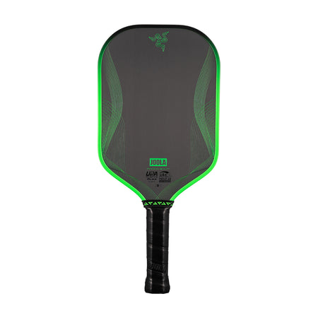 White background, product image of the JOOLA x Razer Perseus Pro IV pickleball paddle. Black handle with lime green edge guard.