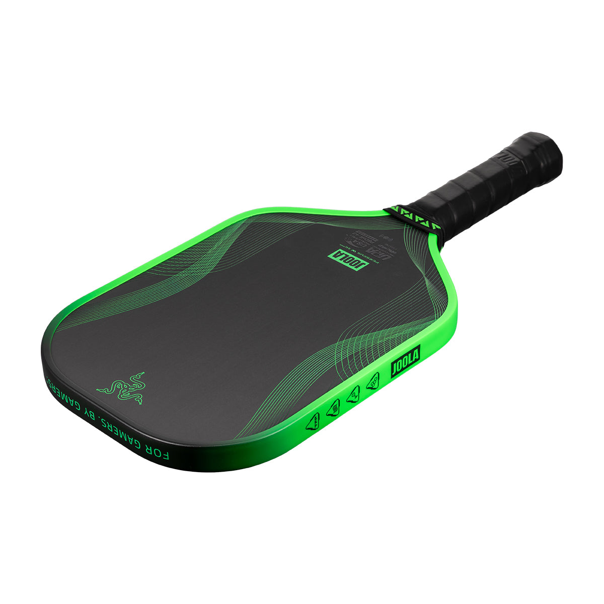 White background, product image of the JOOLA x Razer Perseus Pro IV pickleball paddle. Black handle with lime green edge guard.