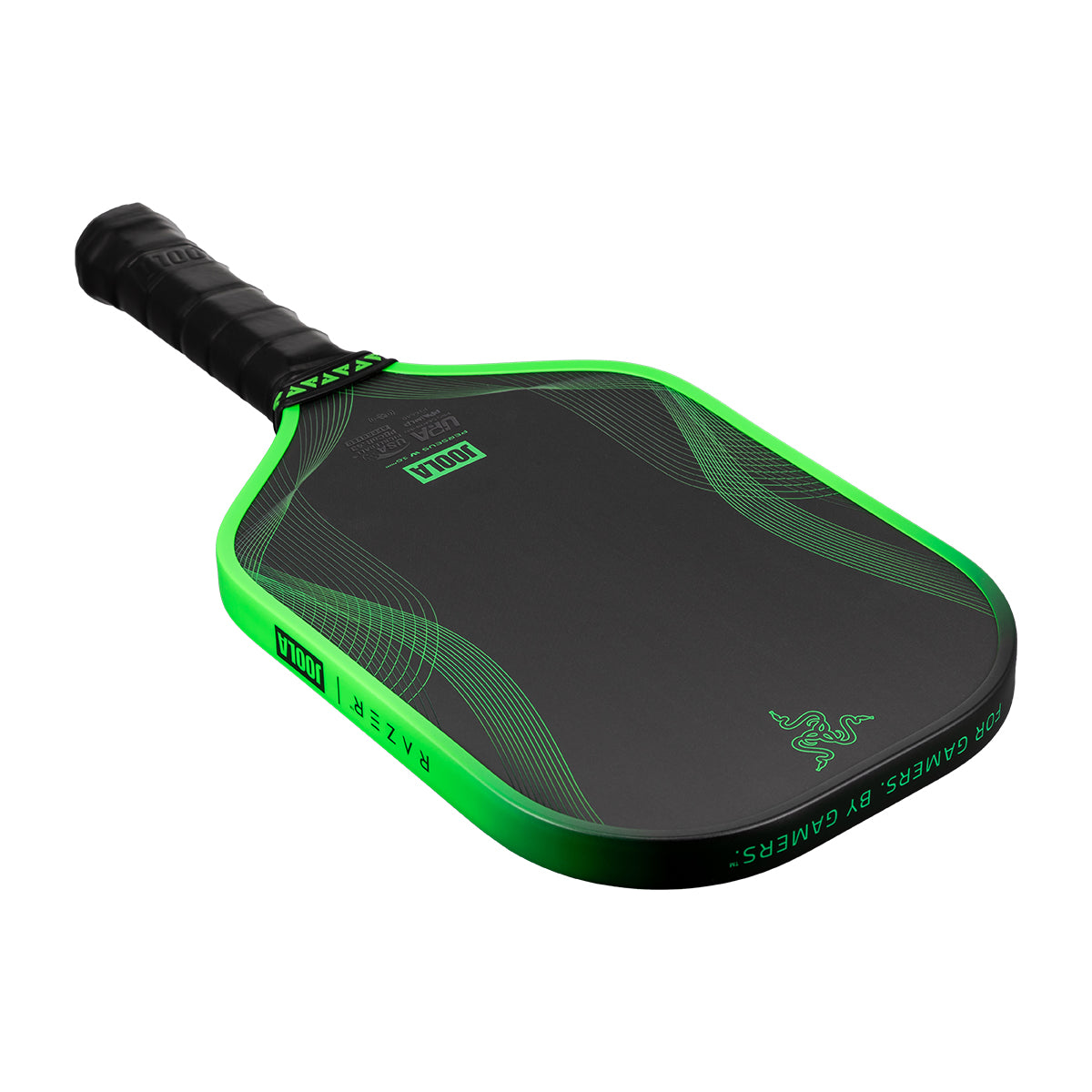 White background, product image of the JOOLA x Razer Perseus Pro IV pickleball paddle. Black handle with lime green edge guard.
