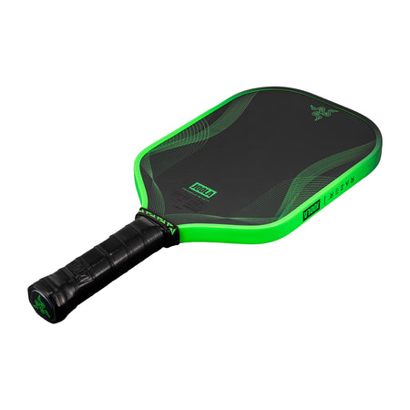 White background, product image of the JOOLA x Razer Perseus Pro IV pickleball paddle. Black handle with lime green edge guard.