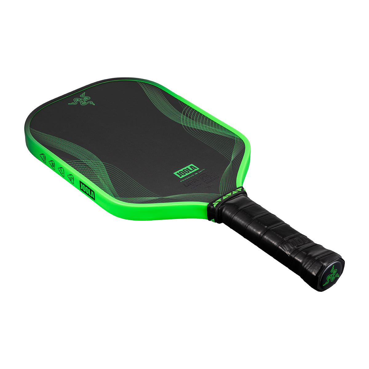 White background, product image of the JOOLA x Razer Perseus Pro IV pickleball paddle. Black handle with lime green edge guard.