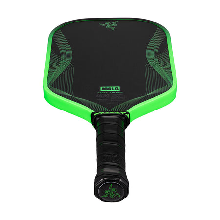 White background, product image of the JOOLA x Razer Perseus Pro IV pickleball paddle. Black handle with lime green edge guard.