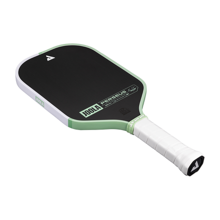 White background, angled product image of the JOOLA Perseus CFS pickleball paddle. White handle, with half mint green, half white edge guard.