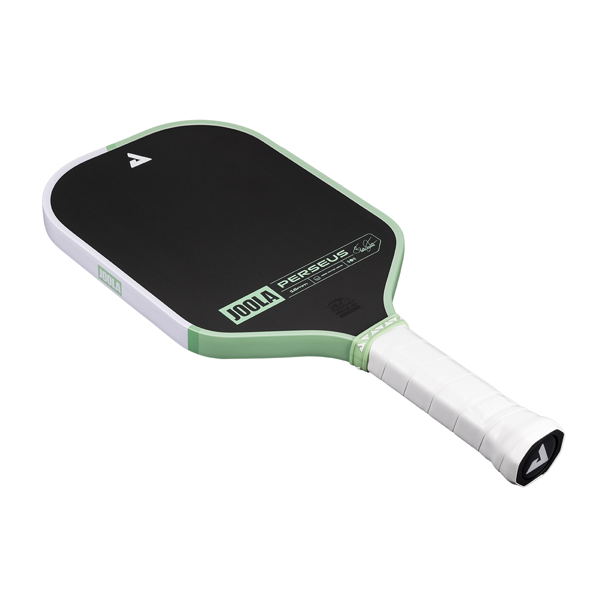 White background, angled product image of the JOOLA Perseus CFS pickleball paddle. White handle, with half mint green, half white edge guard.