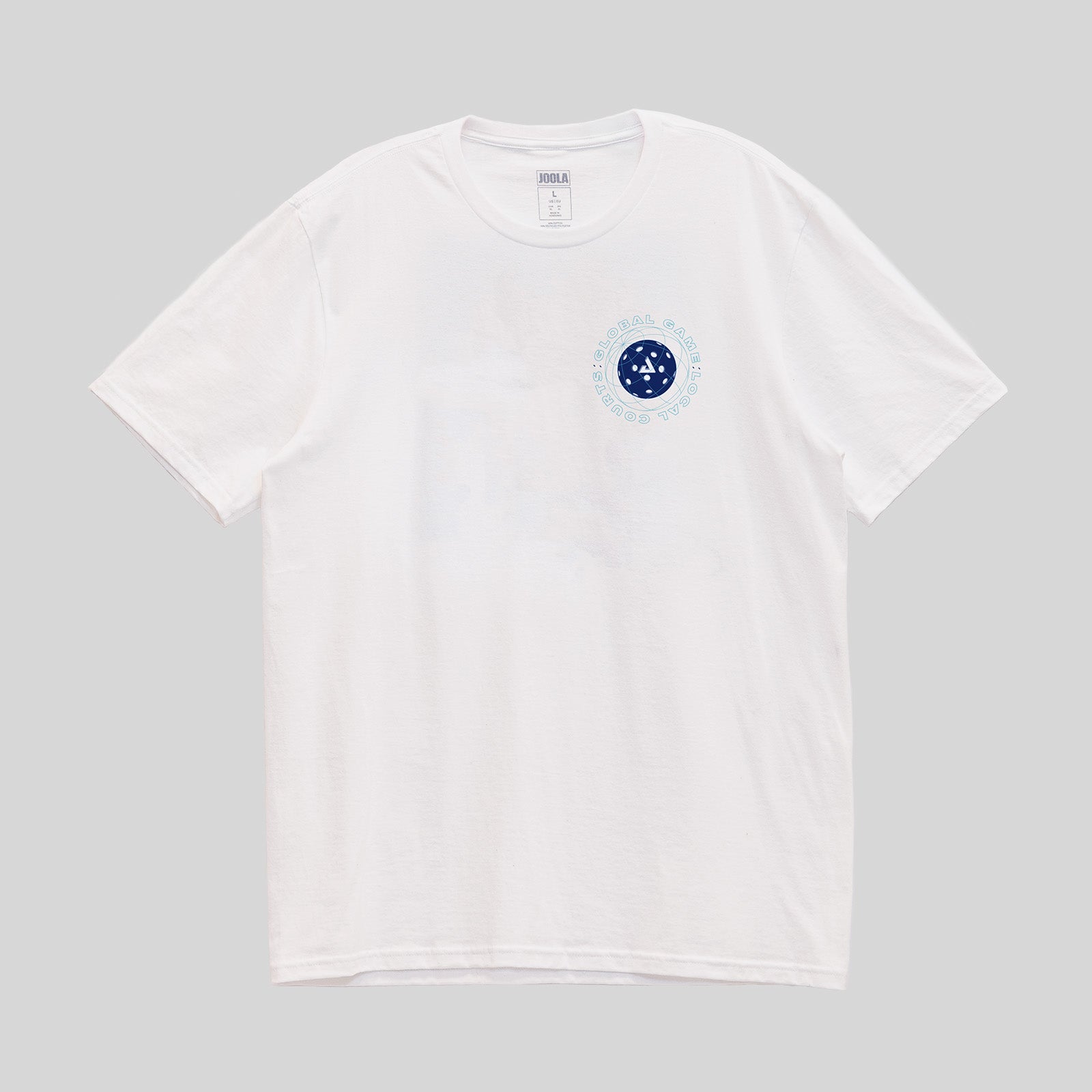 Gray background, product image of a white JOOLA Global Pickleball t-shirt.