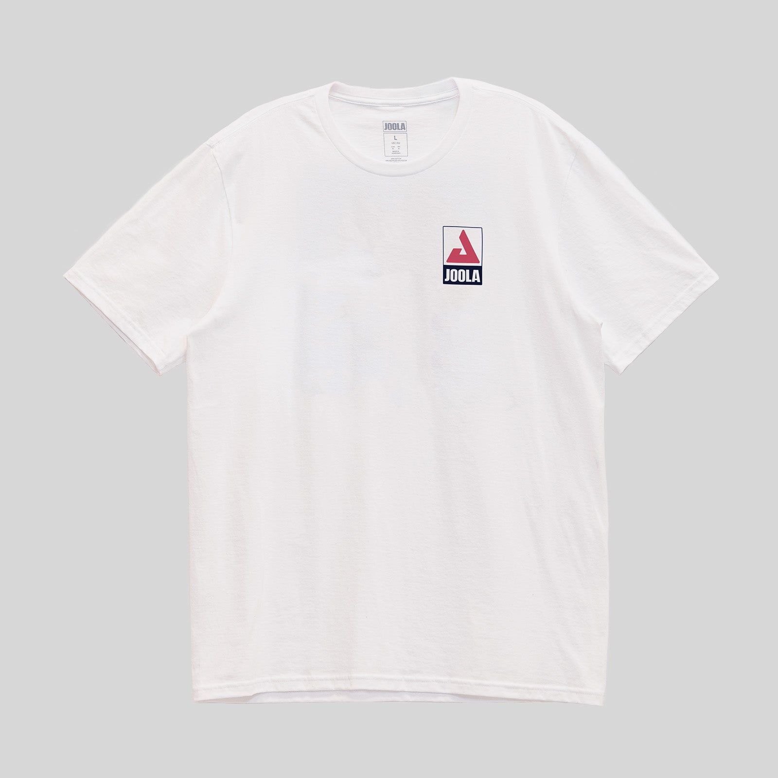 Gray background, white JOOLA trinity logo and word mark tee shirt.