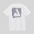 Gray background, white tee shirt with cool futuristic logo on the back.