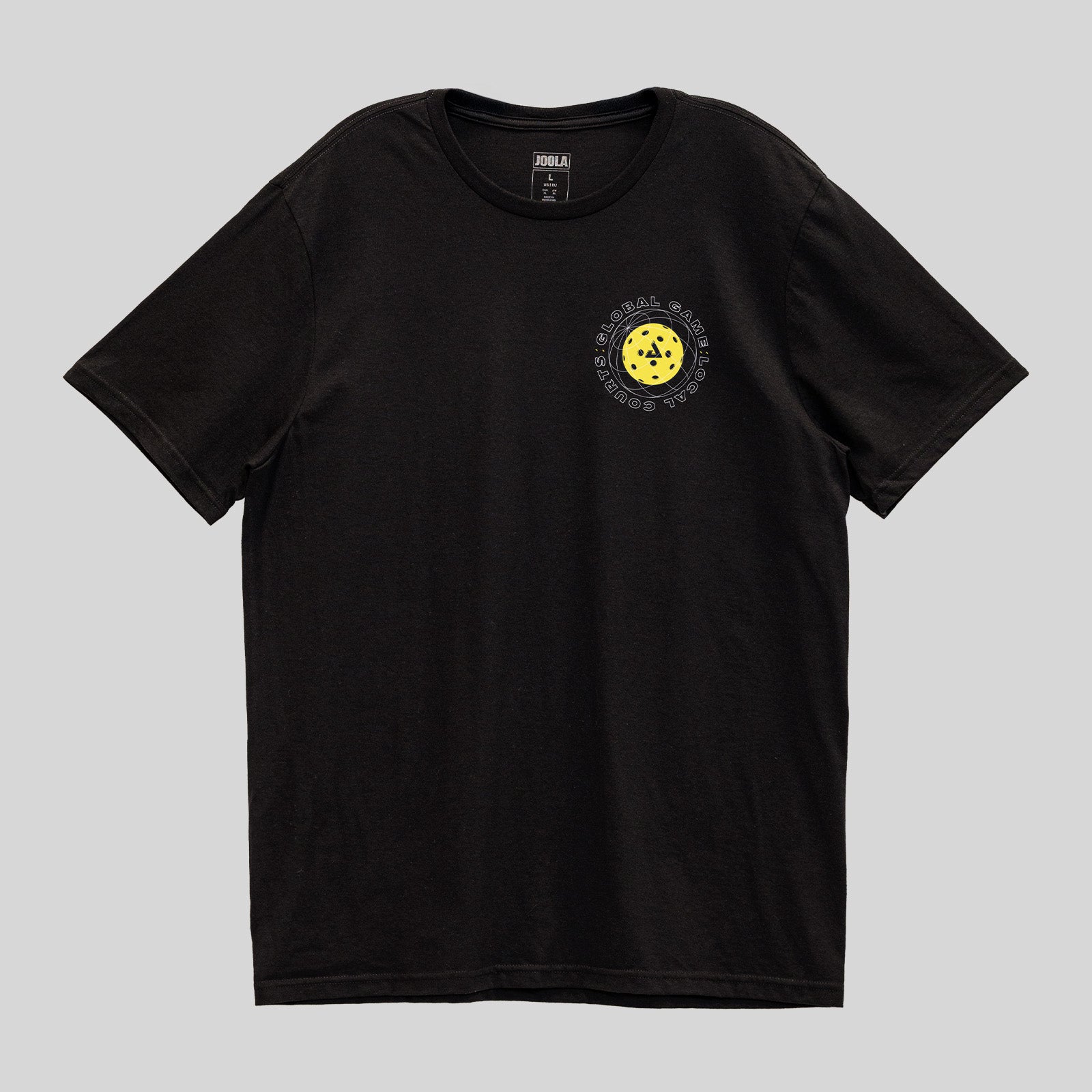 Gray background, black JOOLA graphic tee. Pickleball image with text is above the left chest.