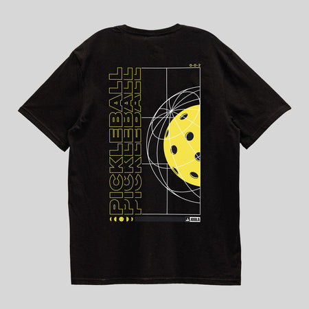 Gray background, product image of the back of the JOOLA Global Pickleball graphic tee. Black tee with white and yellow pickleball graphic.