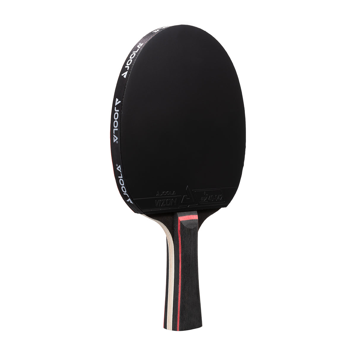 Black JOOLA table tennis racket paddle with black handle on a white background.