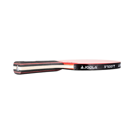 White background, JOOLA table tennis racket with black, red and white.