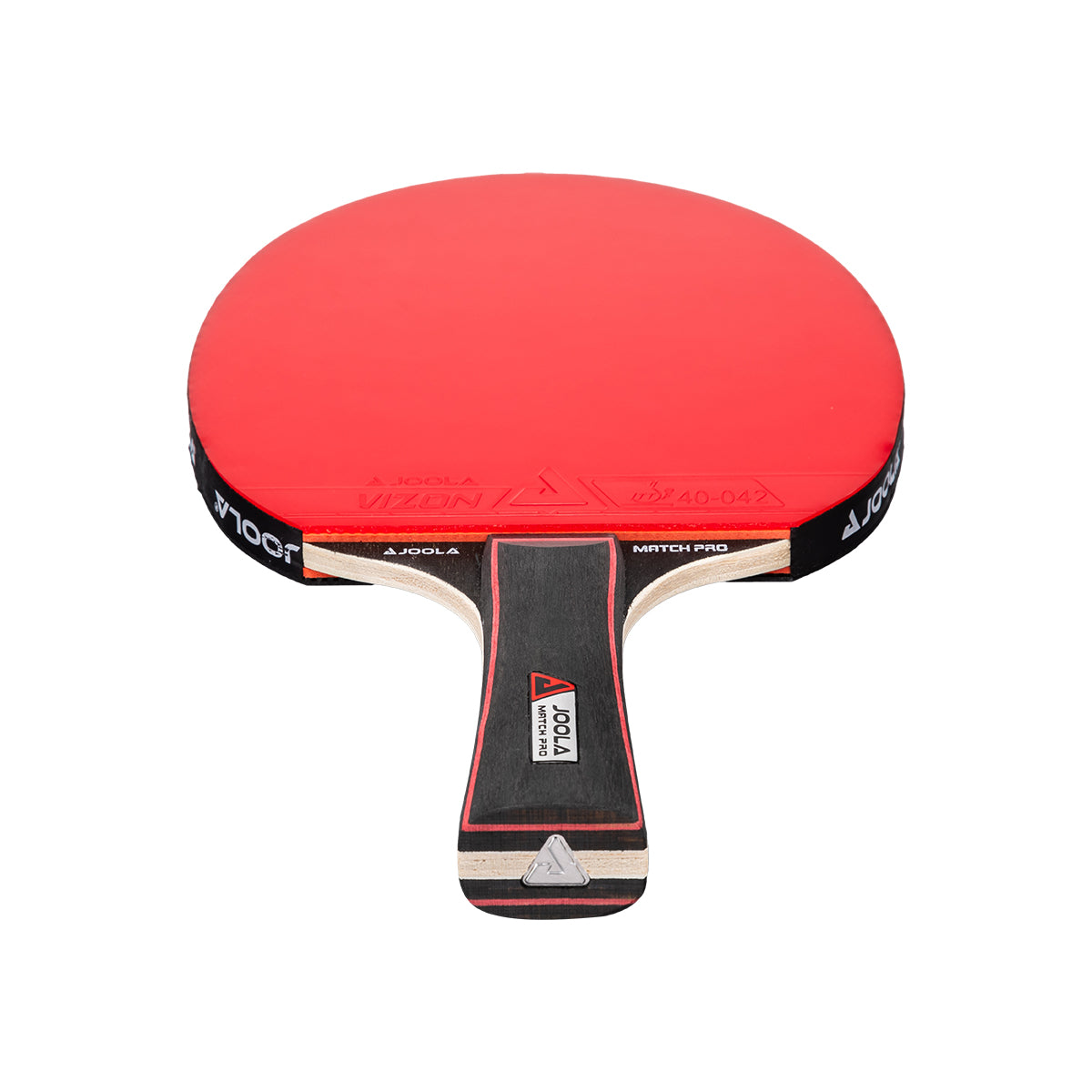 Red JOOLA table tennis racket paddle with black handle on a white background.