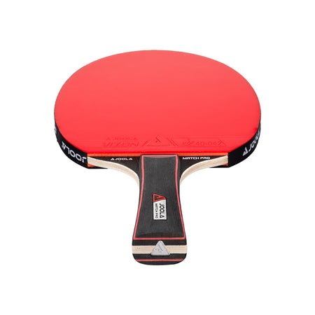 Red JOOLA table tennis racket paddle with black handle on a white background.