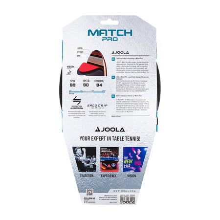 The back of A JOOLA Match Pro table tennis paddle packaging on a white background.