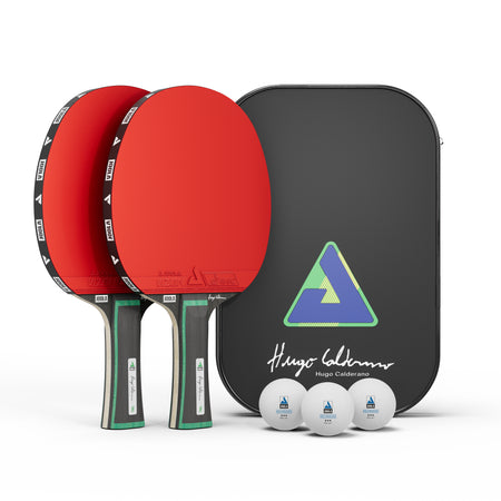 White background, product image of the JOOLA x Hugo Calderano two pack table tennis set.
