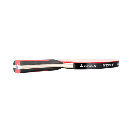 White background, JOOLA Carbon Speed Table Tennis Racket with a red surface and a black, gray and red handle.